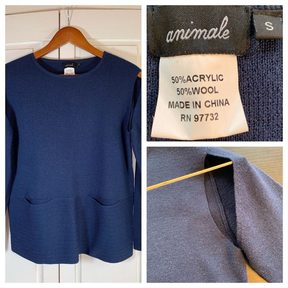 Animale Sweater Women's Small‎ Wool Blend Pockets Blue Open Front Shoulder Knit